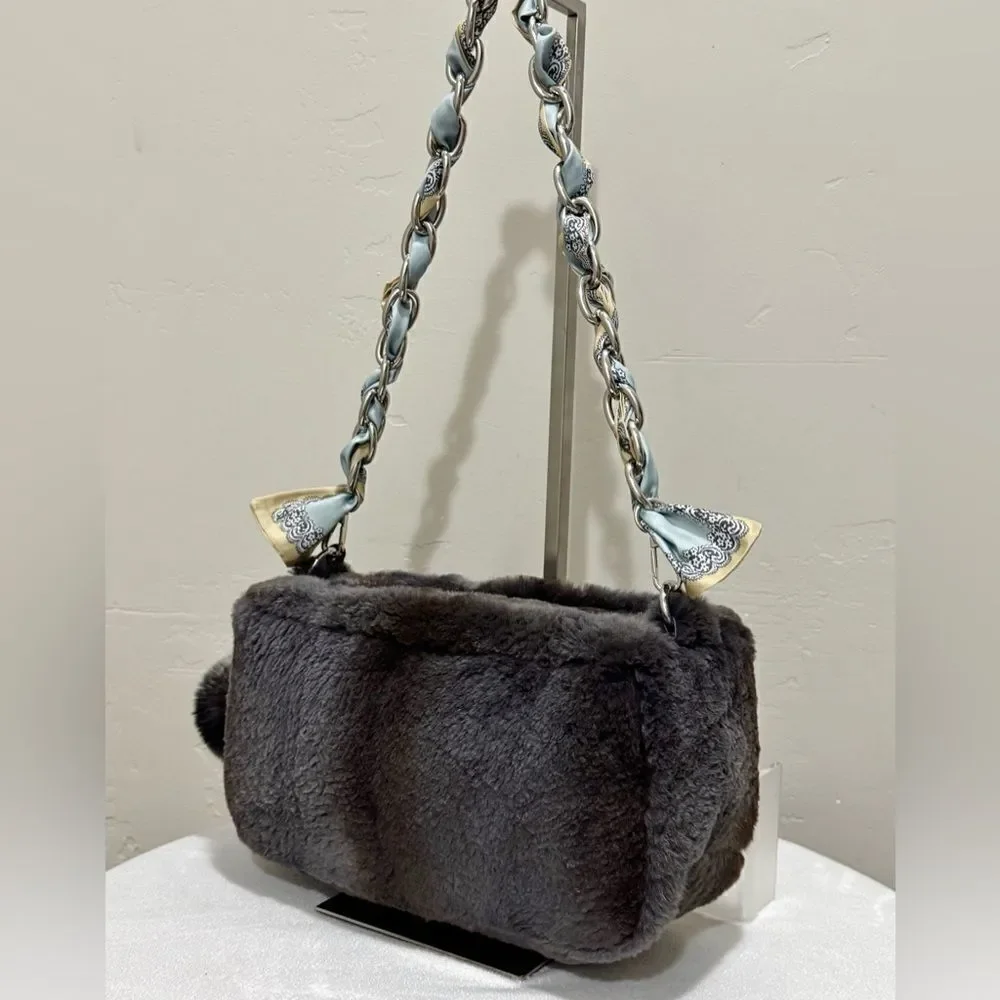 Gray Real Sheared Beaver Fur Handmade Double Zip Pillow Shoulder Bag/ Crossbody